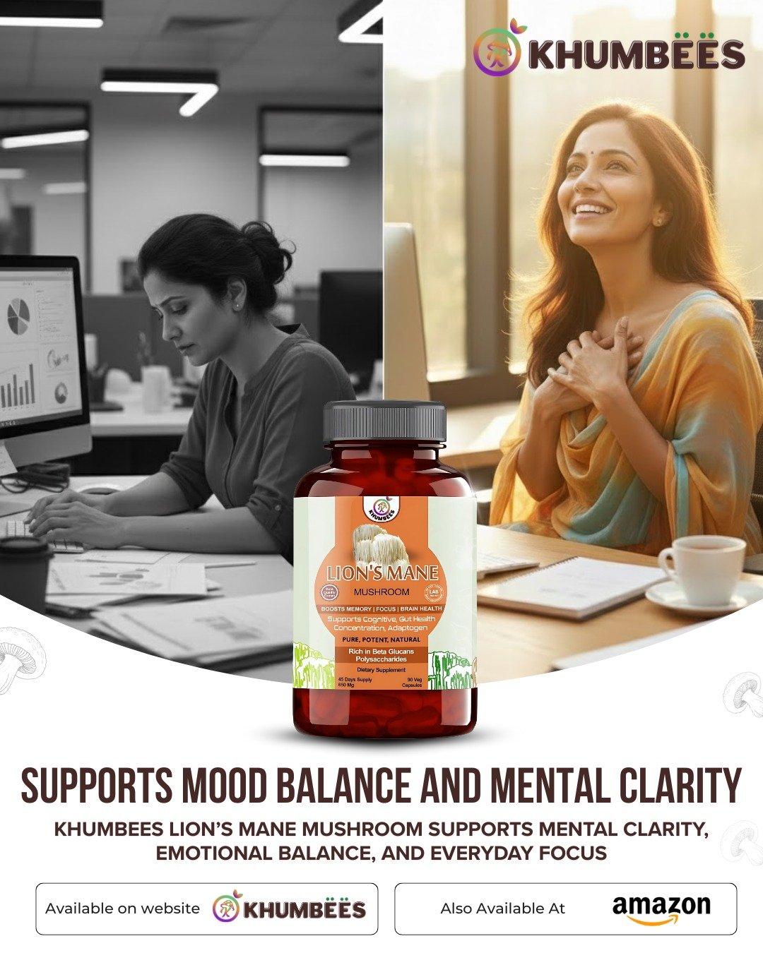 From stress to serenity 🌿✨Power your mind naturally with Khumbees Lion’s Mane Mushroom — suppor