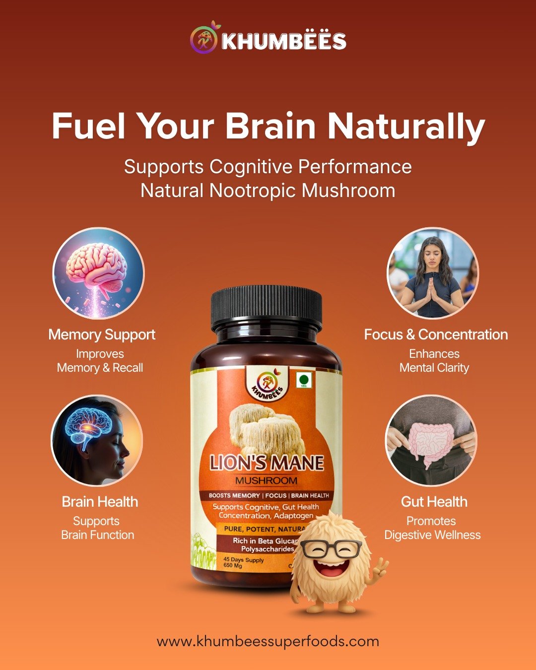 Fuel your brain naturally with Khumbees Lion’s Mane Mushroom Capsules 🧠🍄Support memory, focus,