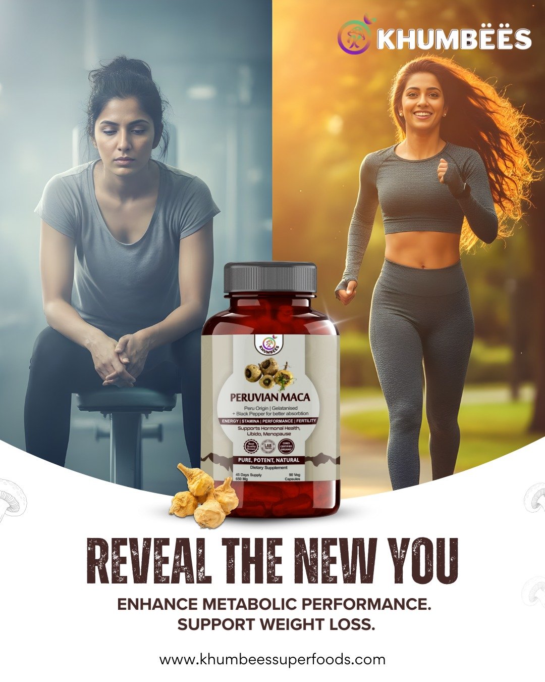 Reveal the new you with Khumbees Peruvian Maca 💪✨From low energy to an active, confident lifest