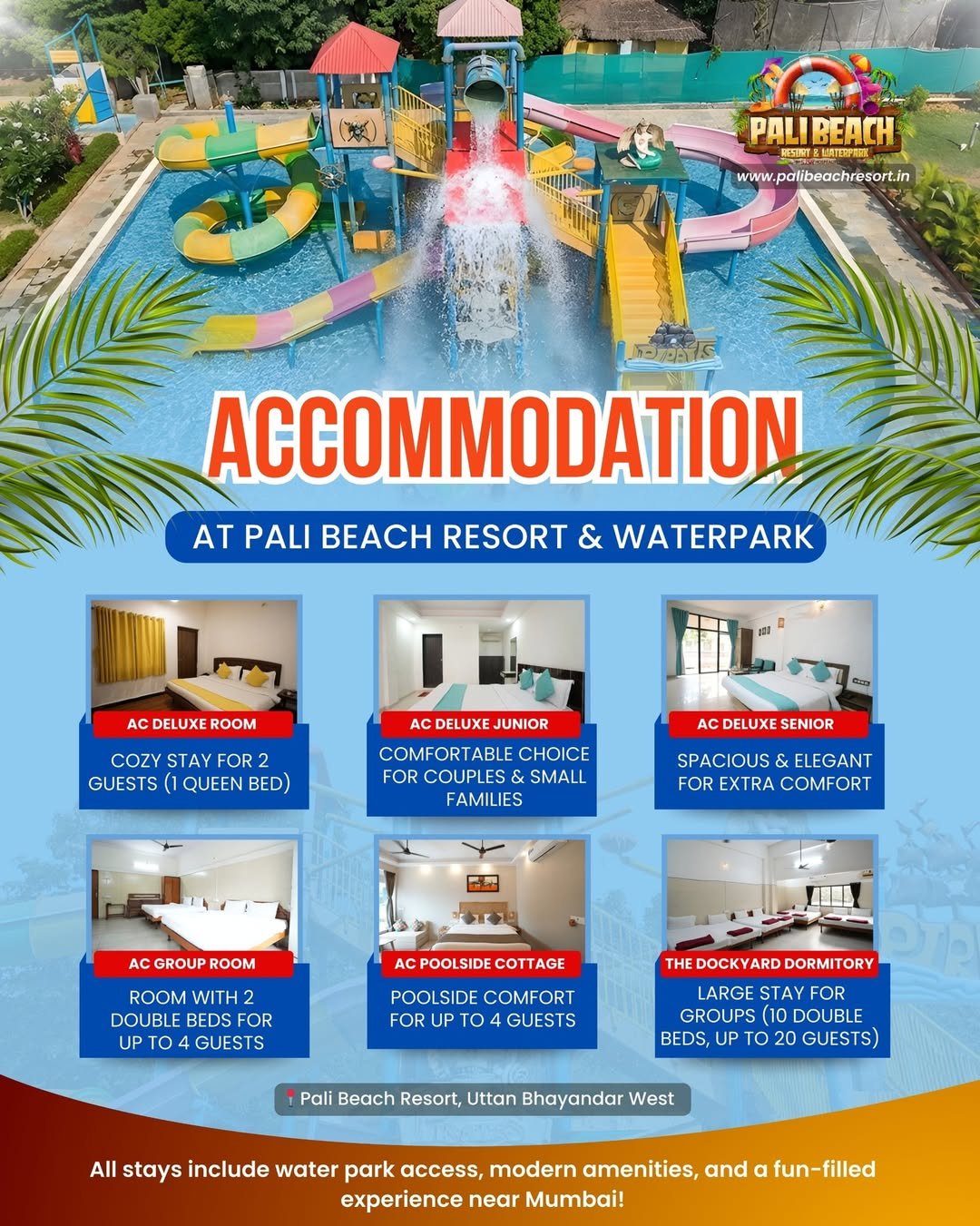Stay, splash & relax at Pali Beach Resort & Waterpark. 🌊🏖️Choose from cozy rooms to spacious g